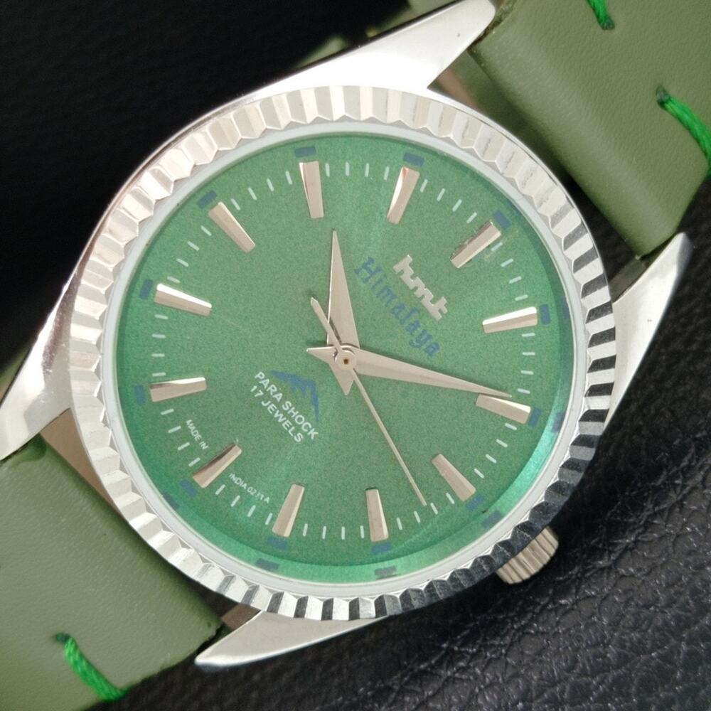 Vintage 1985 HMT Manual Wound Mens Silver Watch & Green accents